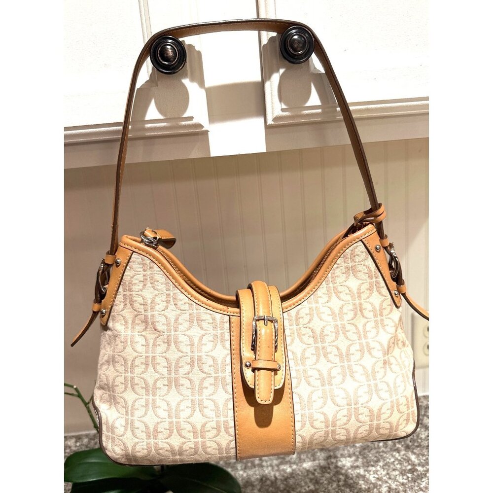 Fossil Beige Logo Canvas & Tan Leather Buckle Strap Shoulder Bag 12"x7"x3"